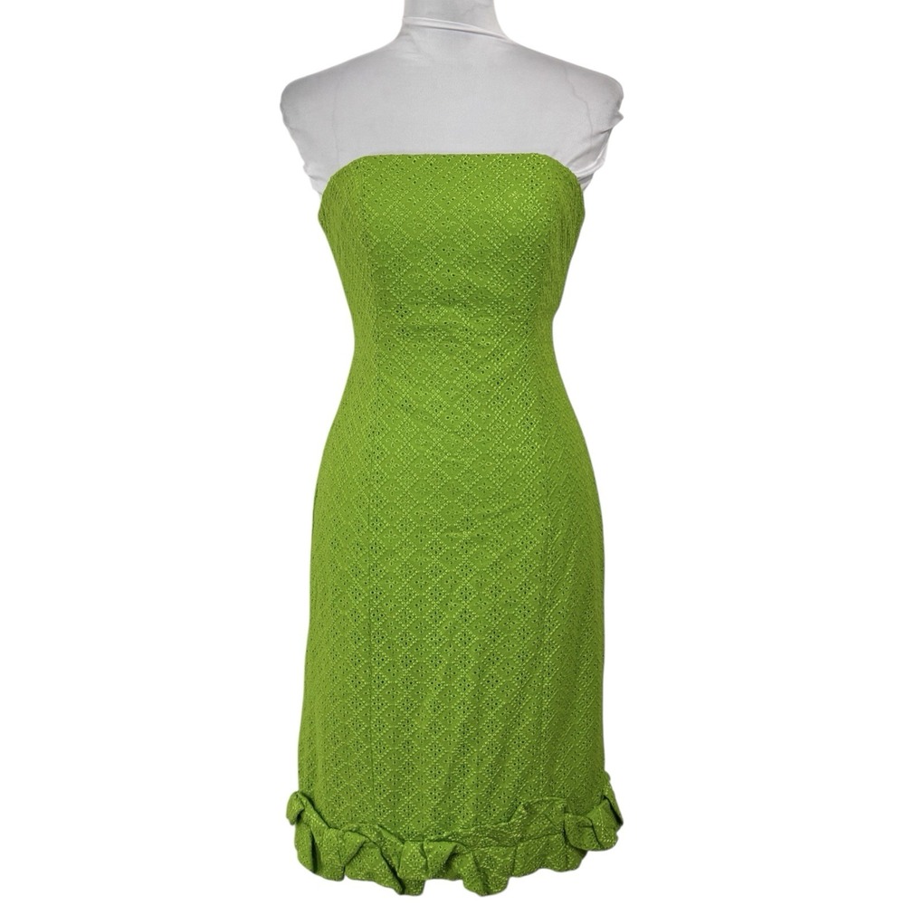 Muse Strapless Eyelet Lace Dress‎ Size 6 Ruffle Trim Lime Green Tropical Sheath